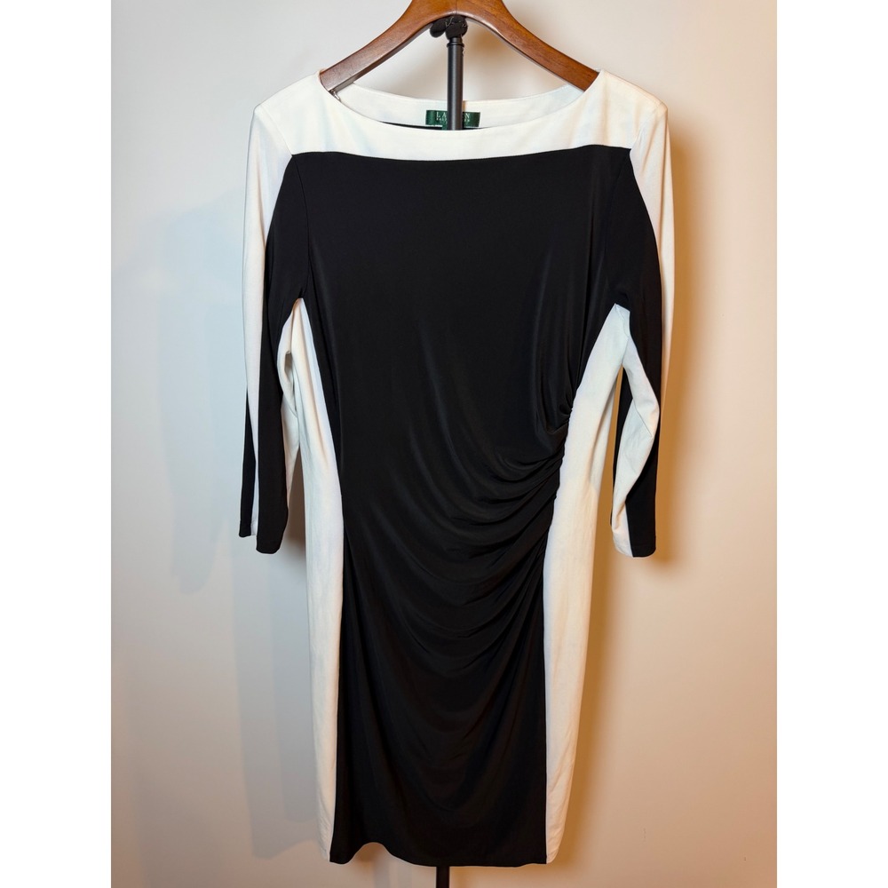 Lauren Ralph Lauren Black White Colorblock Ruched Sheath Dress Size 14